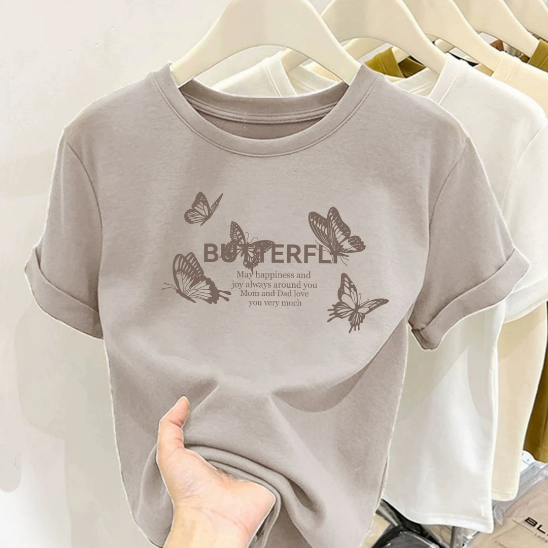 2025夏季新款韩版五只小蝴蝶显瘦圆领T恤女时尚百搭修身纯棉上衣