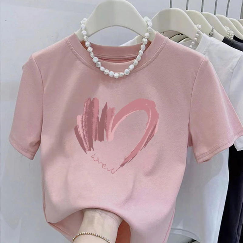 2025夏季新款爱心印花圆领短款显瘦T恤女时尚百搭修身夏季上衣潮