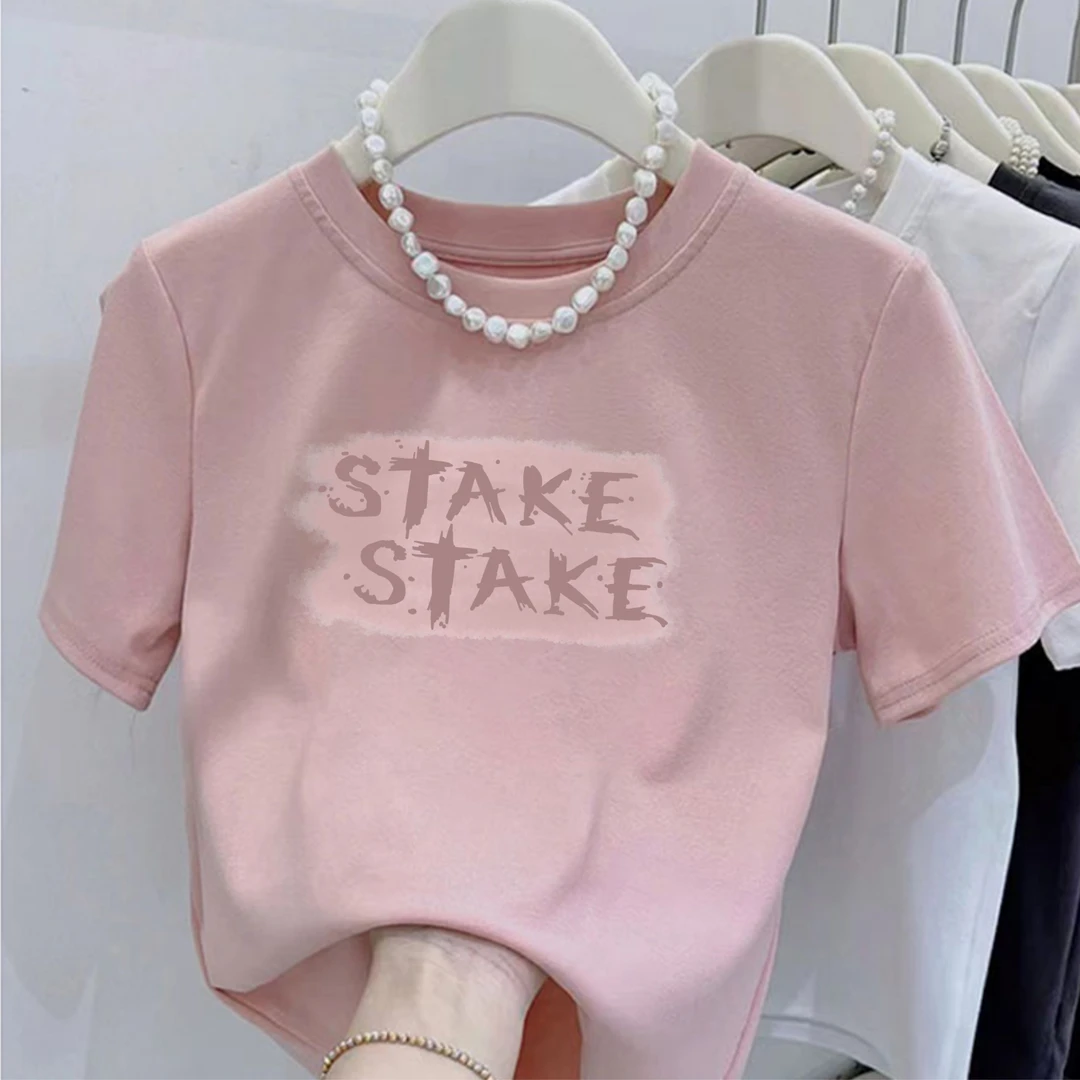 字母印花小众印花圆领短款显瘦T恤女STAKE修身夏季简约上衣潮