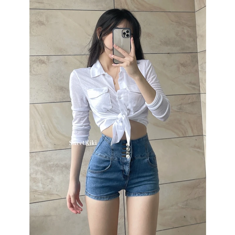 秋季复古时尚显瘦辣妹衬衣polo领设计感小众修身中长袖上衣女衬衫