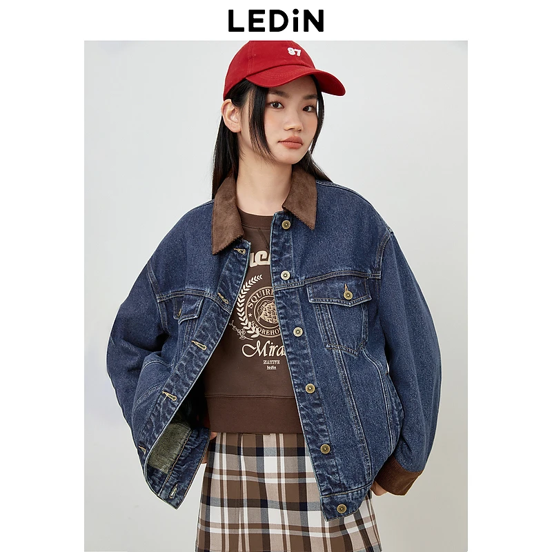 乐町拼接休闲牛仔外套秋季后背印花宽松潮流时尚女装上衣韩版