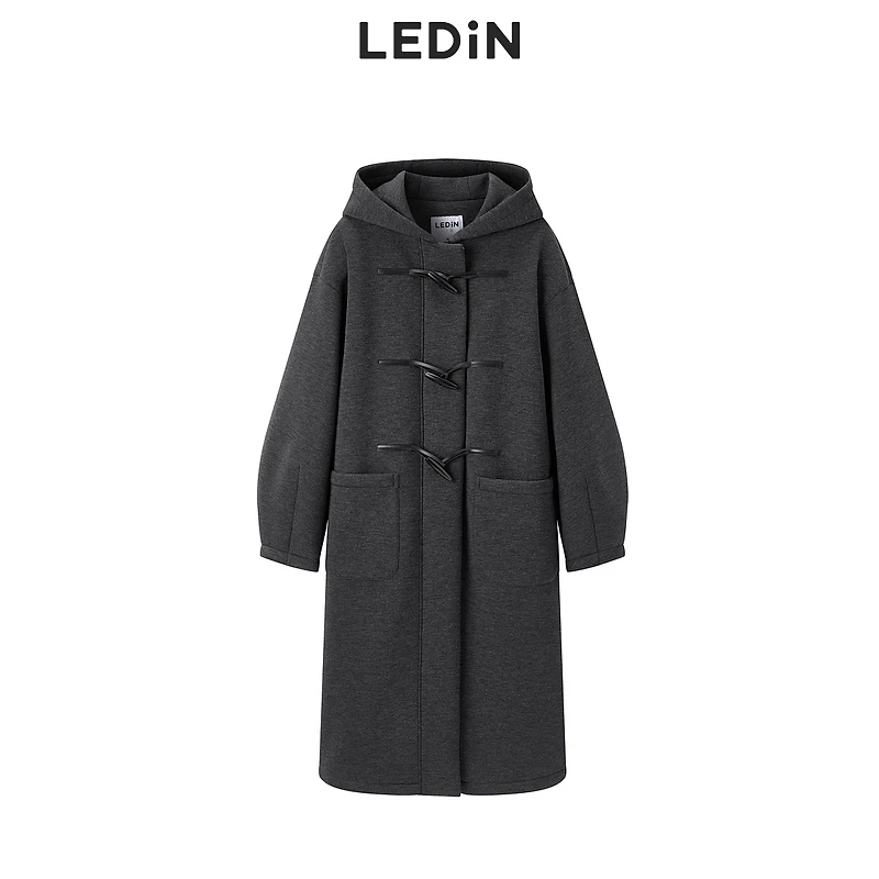 乐町连帽牛角扣长款大衣冬深灰色毛呢外套C1AAD4237