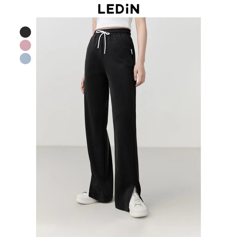 乐町肌理感休闲裤春季新款开叉喇叭裤女直筒阔腿裤高腰宽松甜美