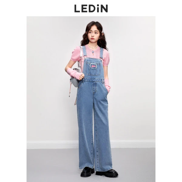 乐町可调节背带牛仔背带裤秋季减龄活力女生牛仔直筒长裤