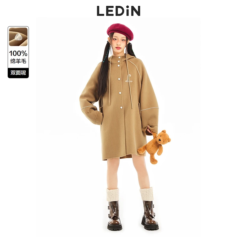 乐町秋冬新款连帽时尚洋气分割线大衣C2AAD4318