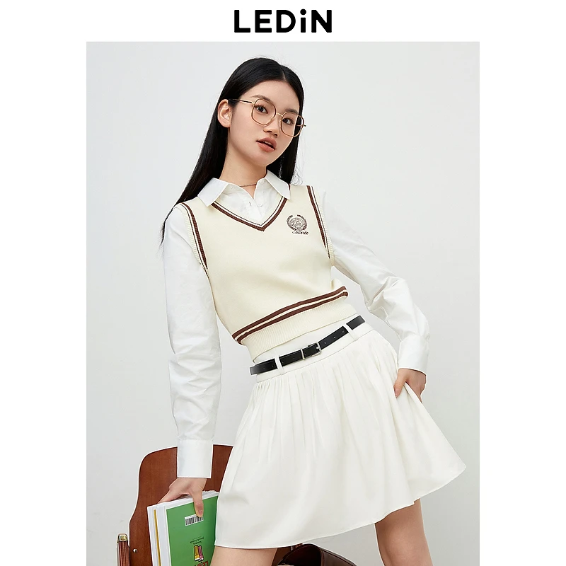 乐町假两件针织上衣秋季新款女装马甲学院风衬衫叠穿背心休闲