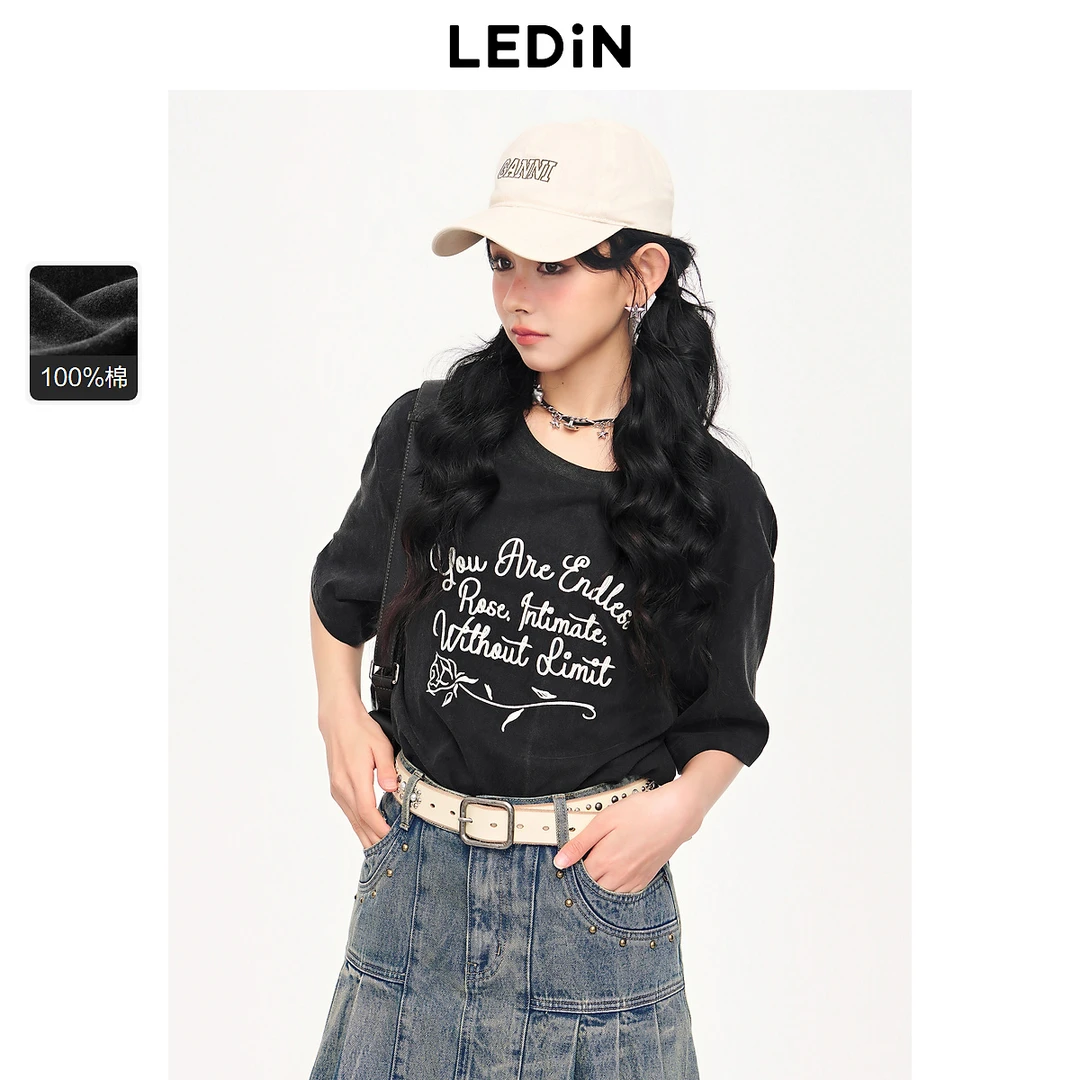 【商场同款】乐町2024夏季新款水洗字母玫瑰宽松T恤C2CNE2523