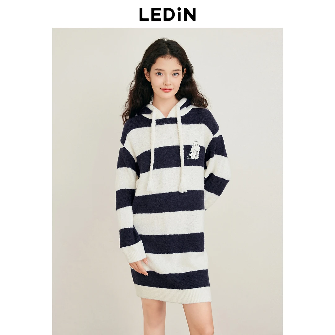 【姆明联名】乐町连帽宽松毛织裙冬新款条纹直筒绒感连衣裙