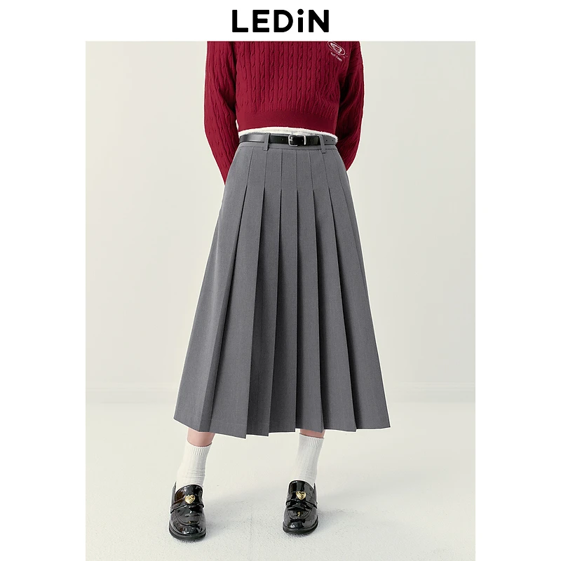 乐町学院风灰色百褶长裙20半身裙A摆挺括显瘦长半裙