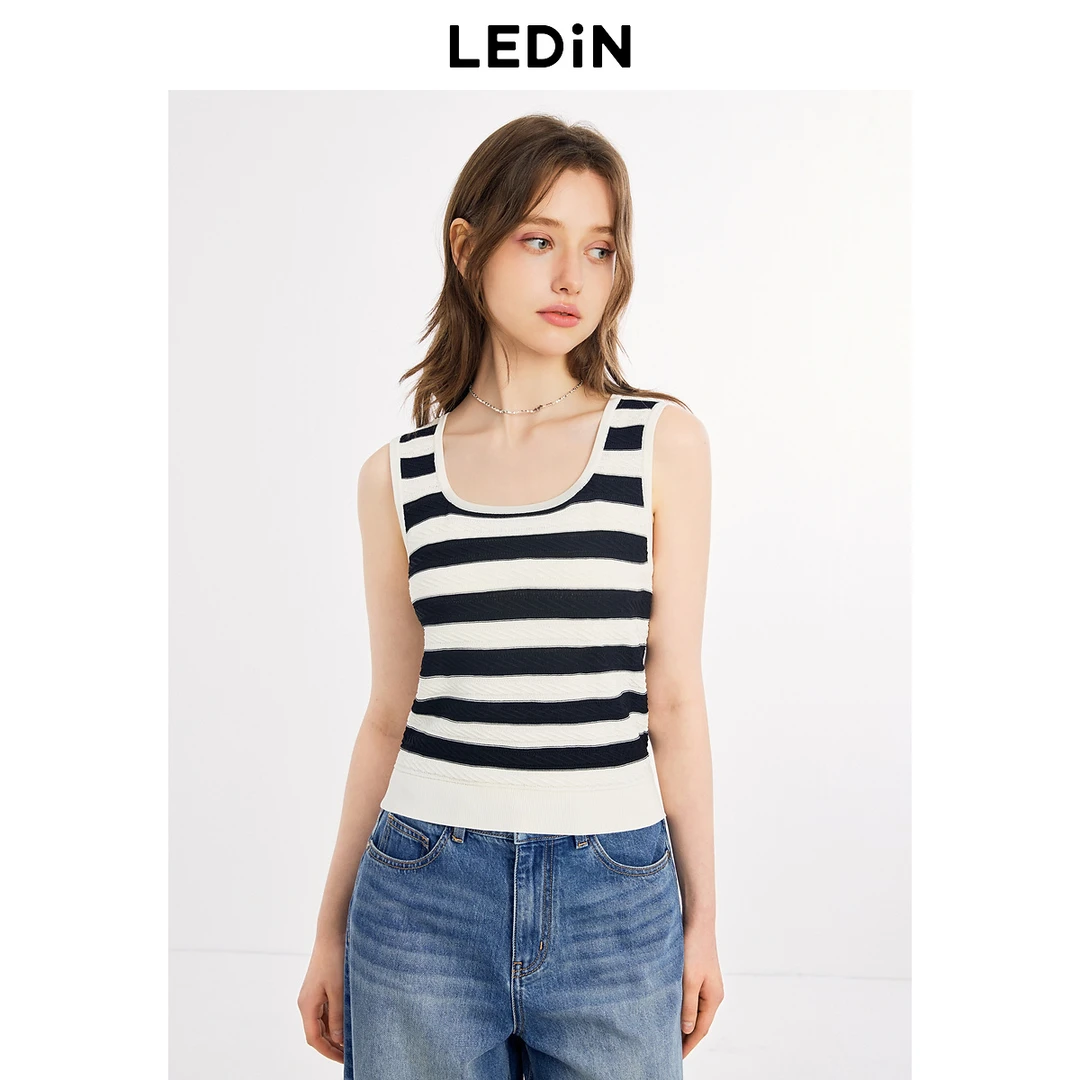 乐町清甜风黑白条纹方领背心秋季新款修身针织衫基础打底