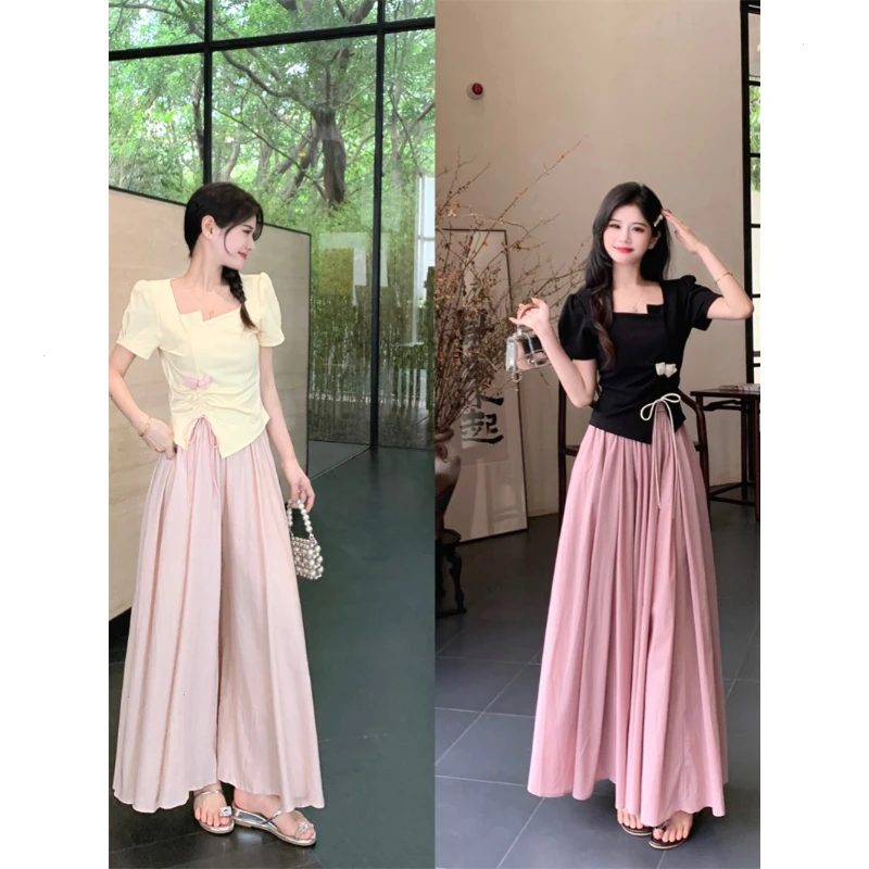 夏装搭配一整套女装夏季2024新款法式方领短袖T恤宽松裙裤两件套