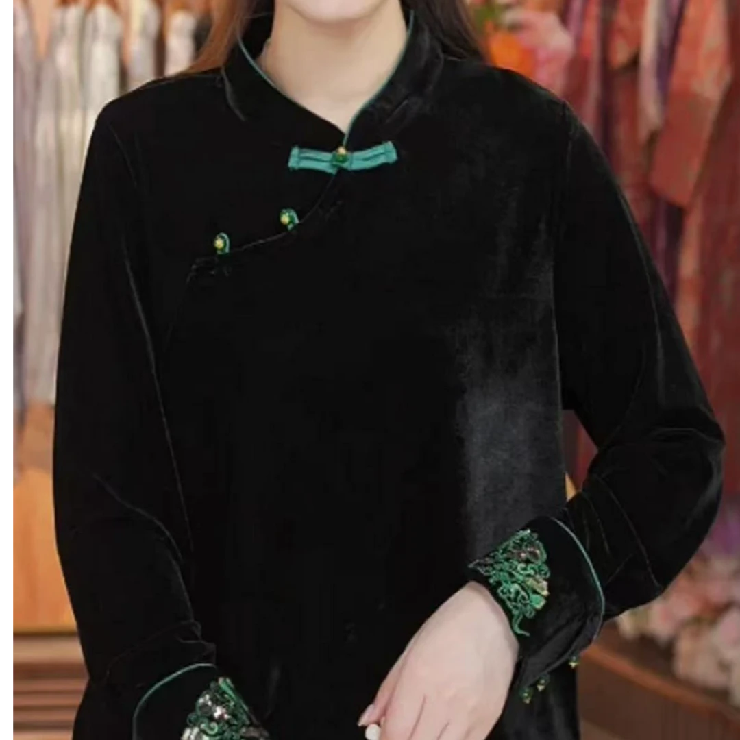 【乔妍】新中式套装真丝丝绒斜开襟袖口绣花9401