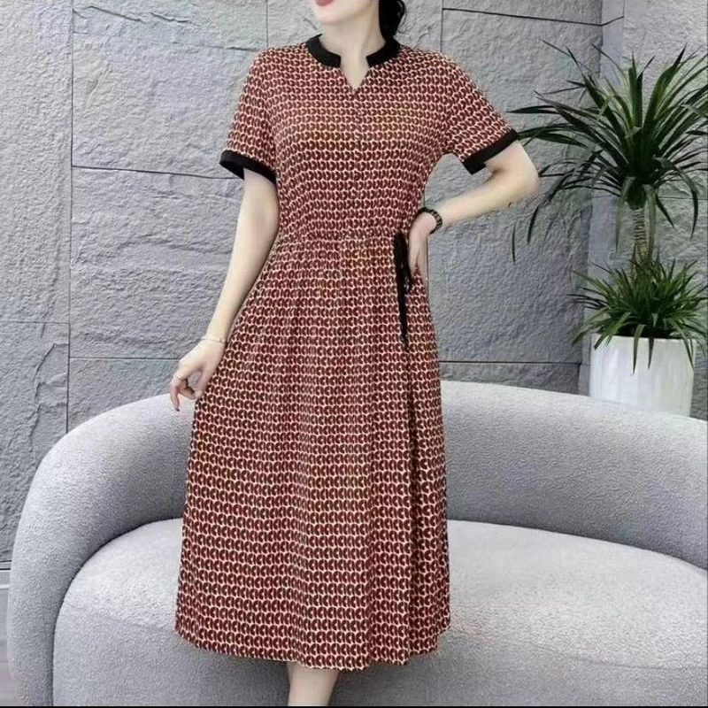 【红色花纹连衣裙】气质印花连衣裙收腰显瘦圆领时尚裙子8869