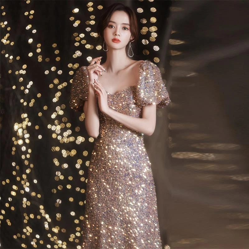 宴会气质名媛高级感主持人演出服晚礼服亮片高端轻奢小众礼服裙女