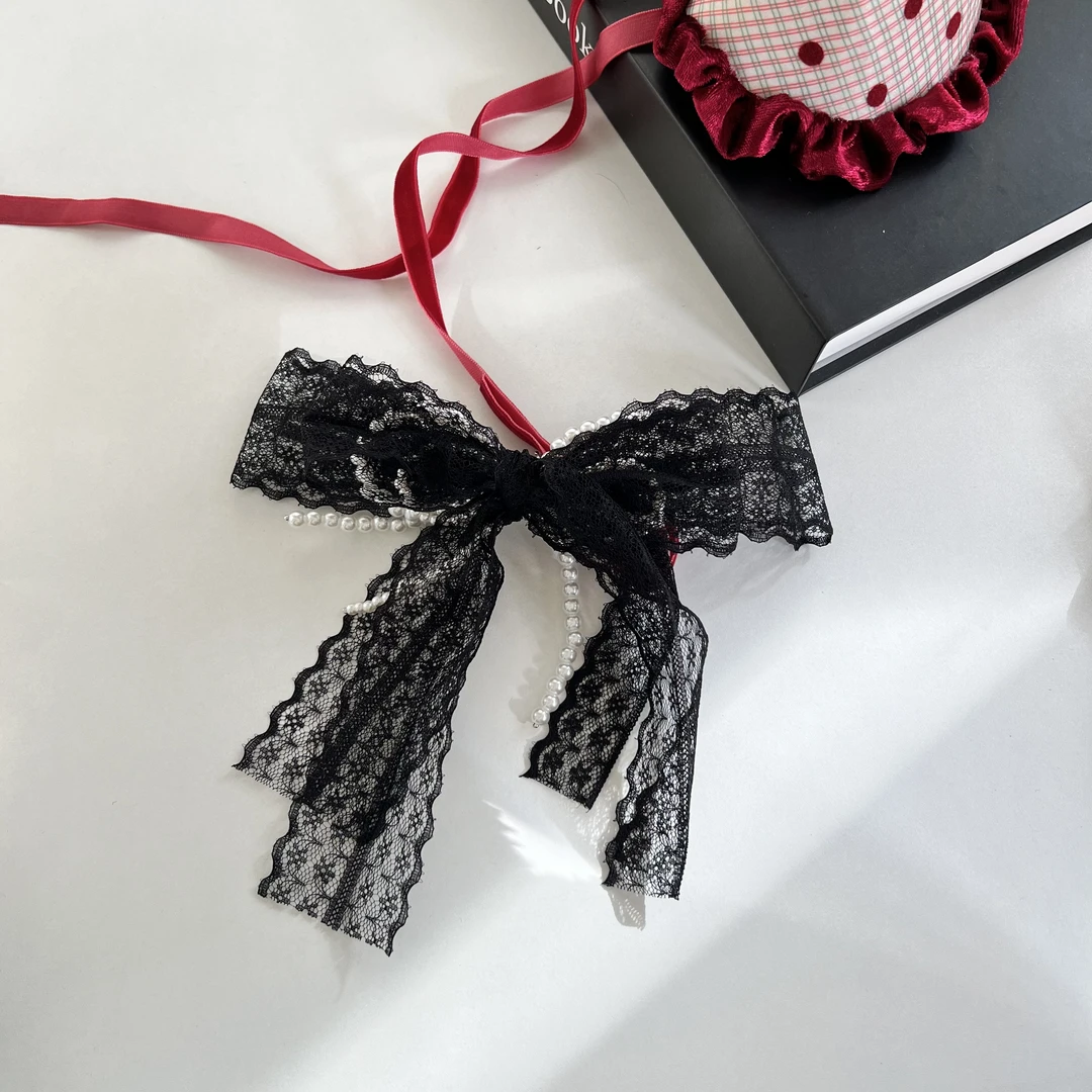 法式浪漫气质优雅简约精致黑色蕾丝蝴蝶结银珠发夹弹簧夹顶夹56