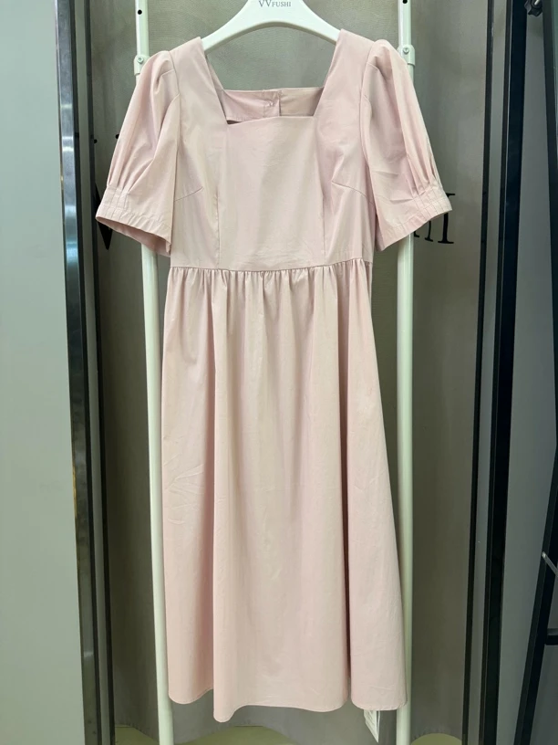 【VV FUSHI】L24050593夏季时尚气质显瘦泡泡袖纯色长裙方领连衣裙