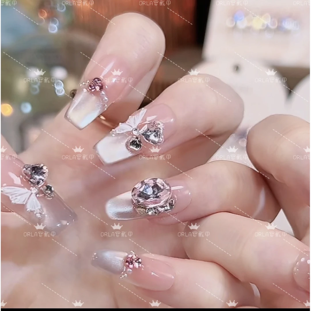 【重生蝶梦】猫眼法式纯手工穿戴甲重复使用中长显白美甲贴片成品