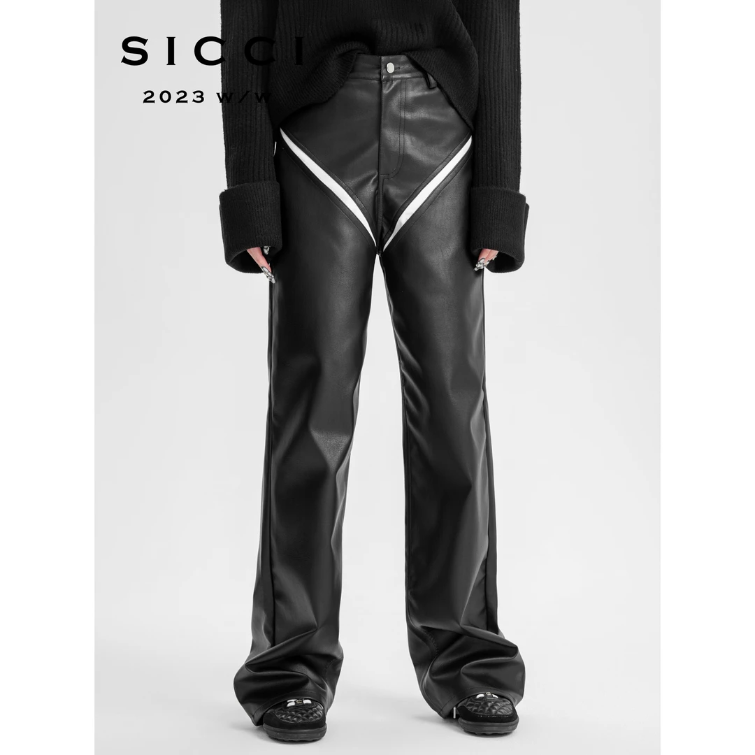 5折清 不tui不换 施施SICCI 原创双色解构光泽直筒休闲PU皮裤