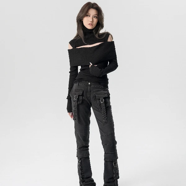 3折清 不tui不换 施施SICCI 机能立体口袋做旧洗水马蹄牛仔裤