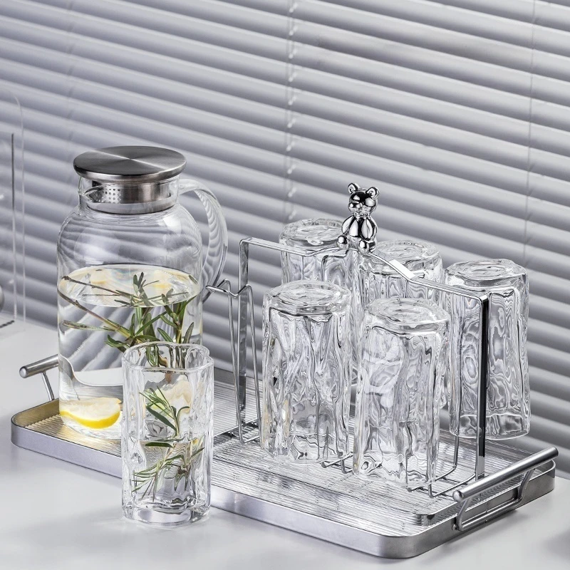 简约透明玻璃茶水杯套装客厅洋酒杯待客人喝水杯加厚扭扭杯沥水架