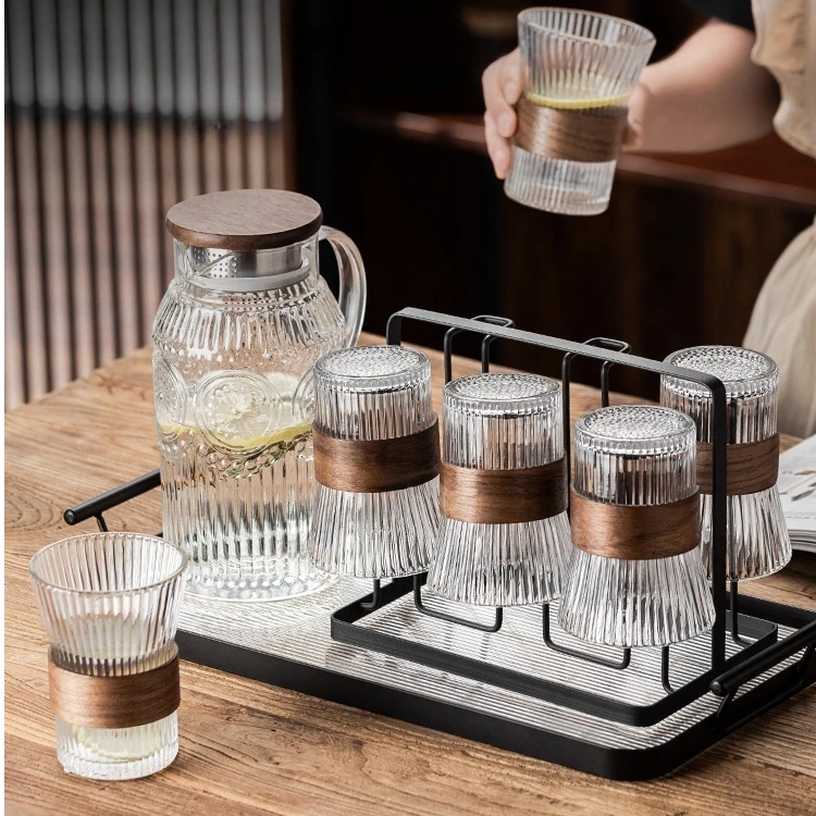 新中式竖纹高档玻璃水杯套装家用客厅待客高颜值水茶杯壶具耐高温