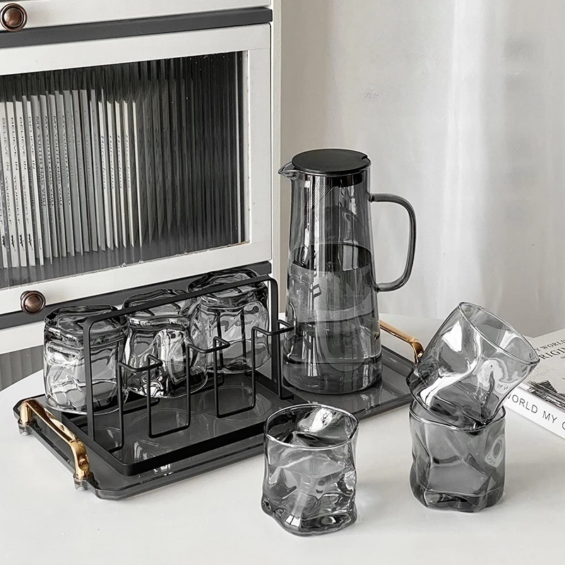 凉水杯烟灰色玻璃水杯套装高级家用客厅喝水杯子家庭水壶套装待客