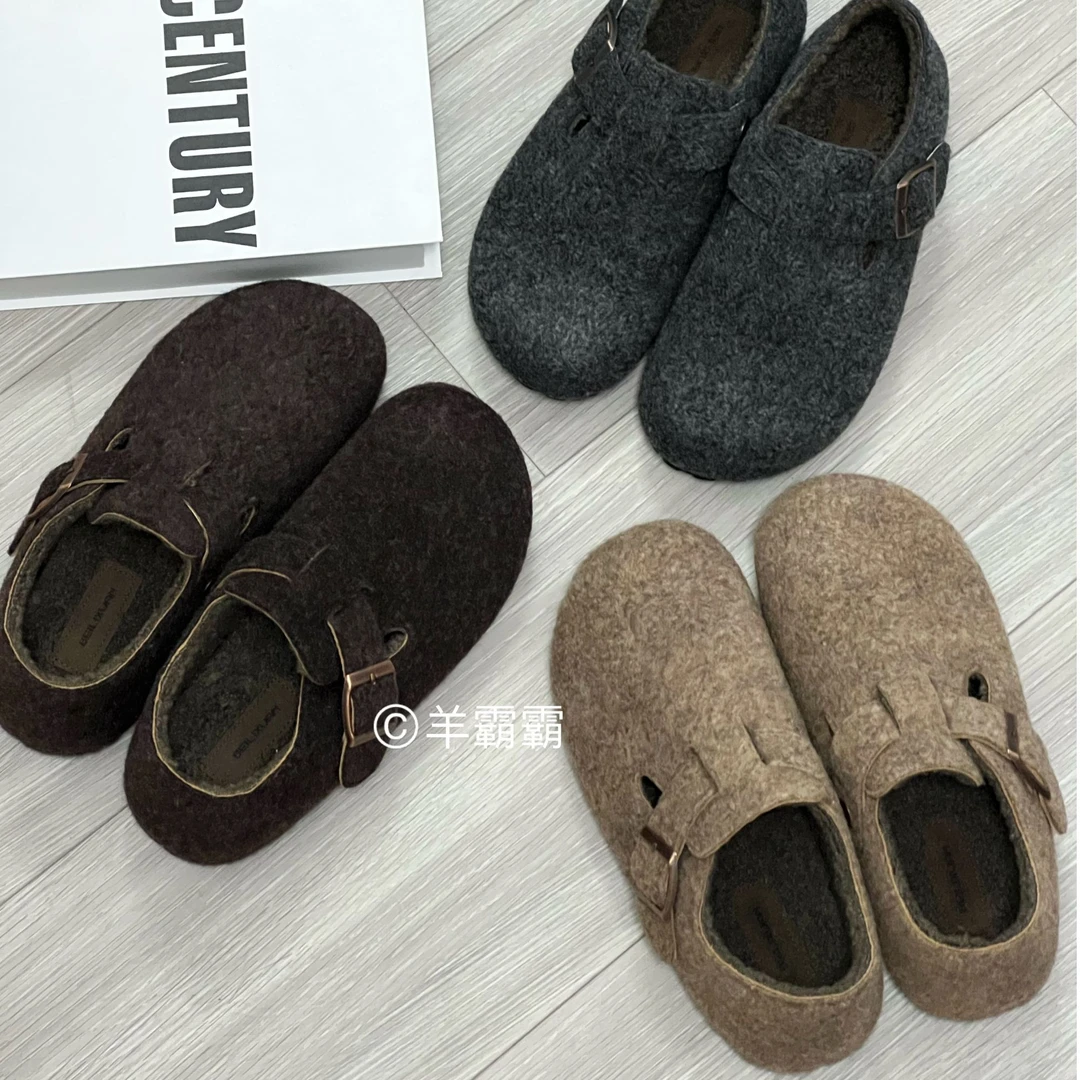 复古毛呢羊毛勃肯鞋秋冬毛毛鞋保暖森系鞋软底一脚蹬