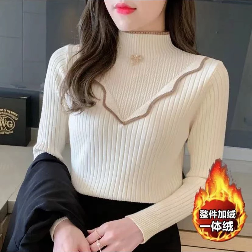 【Xc】一体绒现货毛衣女秋冬加绒加厚长袖半高领针织衫打底上衣5
