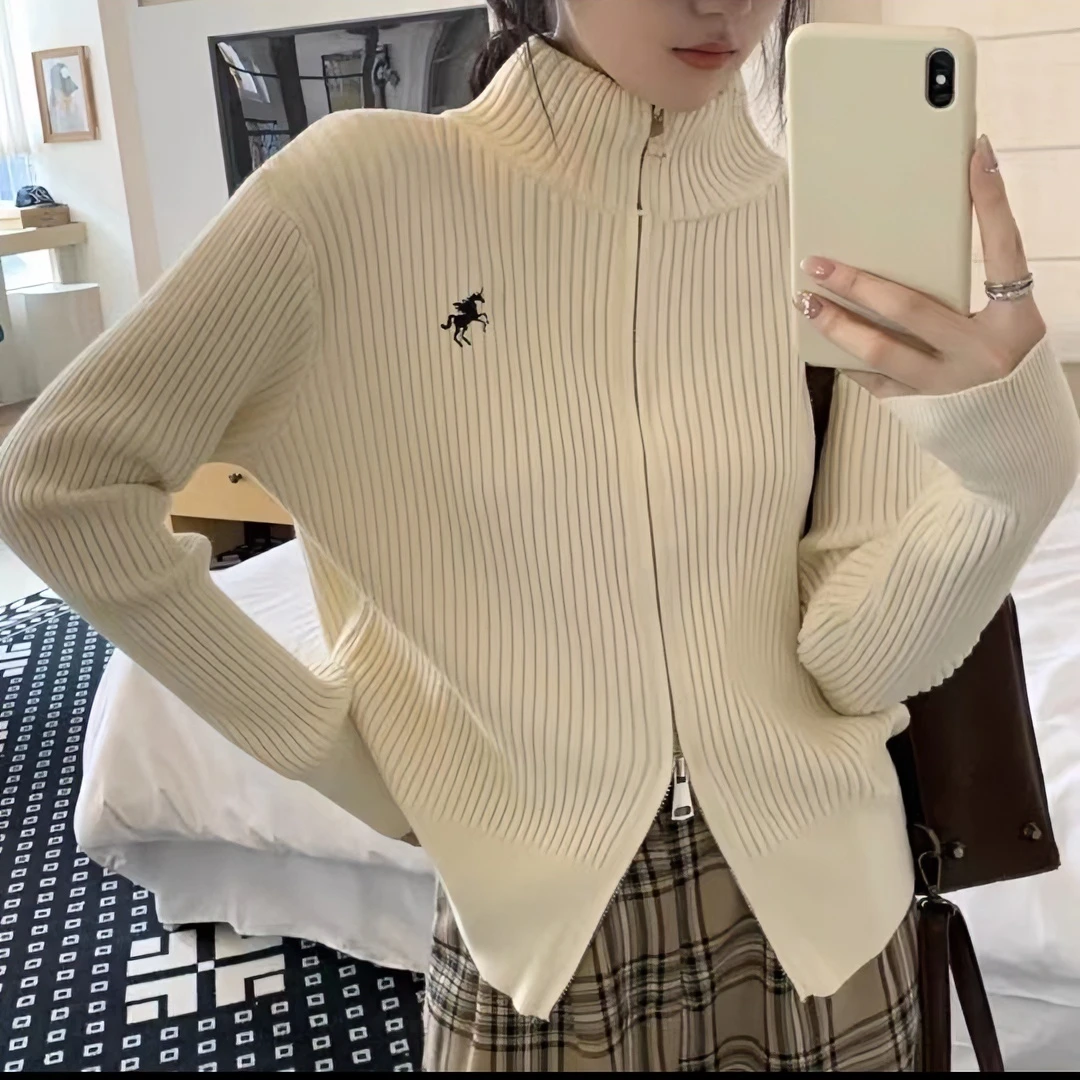 刺绣坑条立领毛衣外套女2023冬季设计感双拉链针织衫休闲开衫上衣