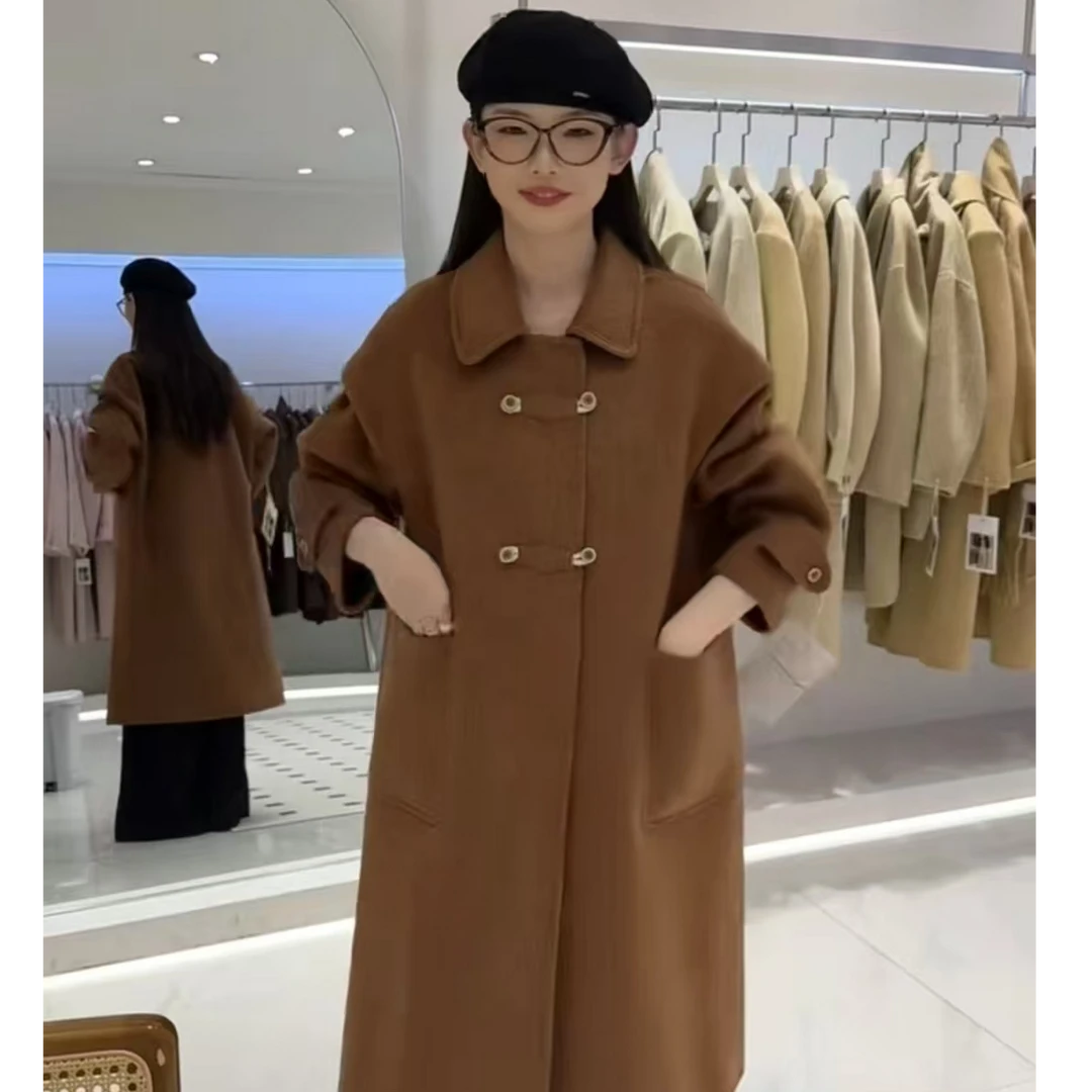2025秋冬新款新色亮色系通勤长款撞色扣子个性宽松百搭双面呢大衣