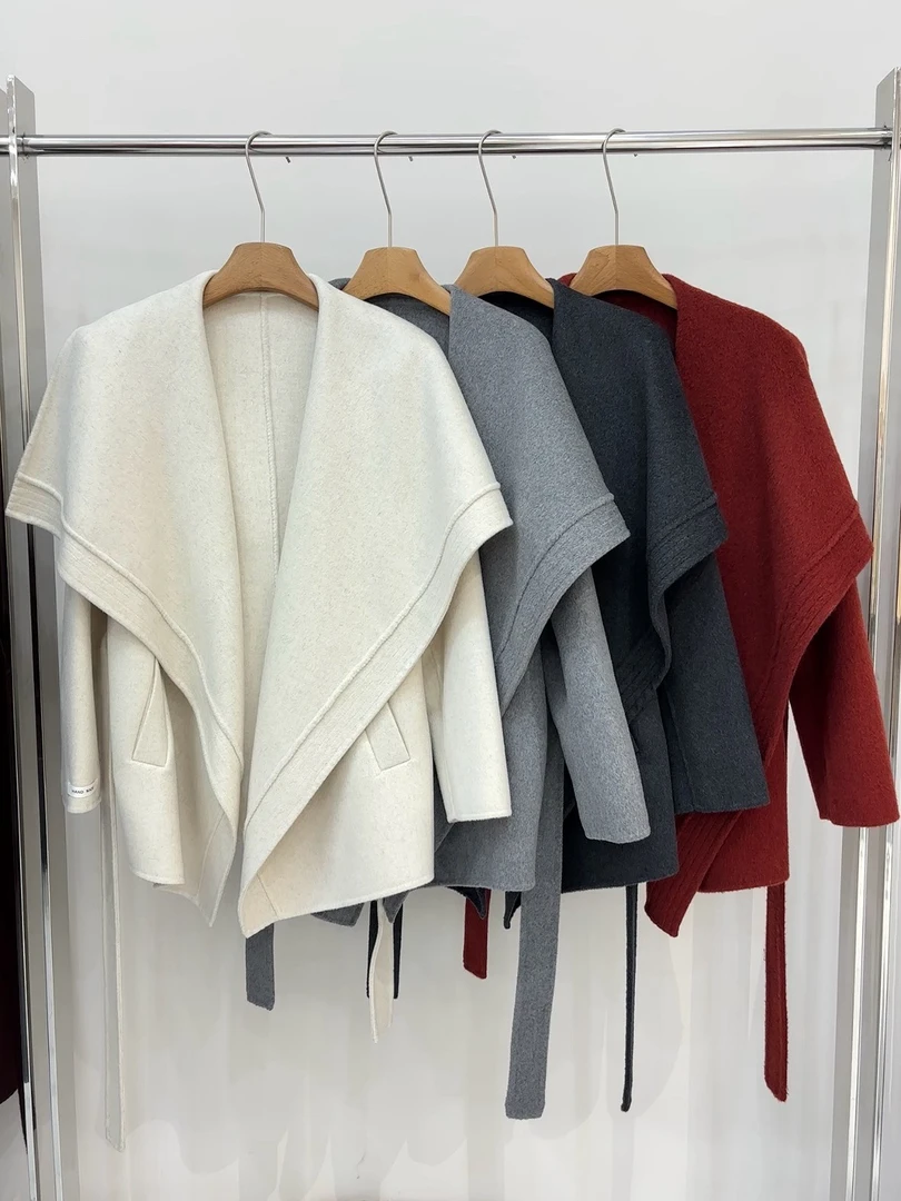 秋冬新款时尚一手长大翻领简约系小个子系带百搭中羊毛双面大衣