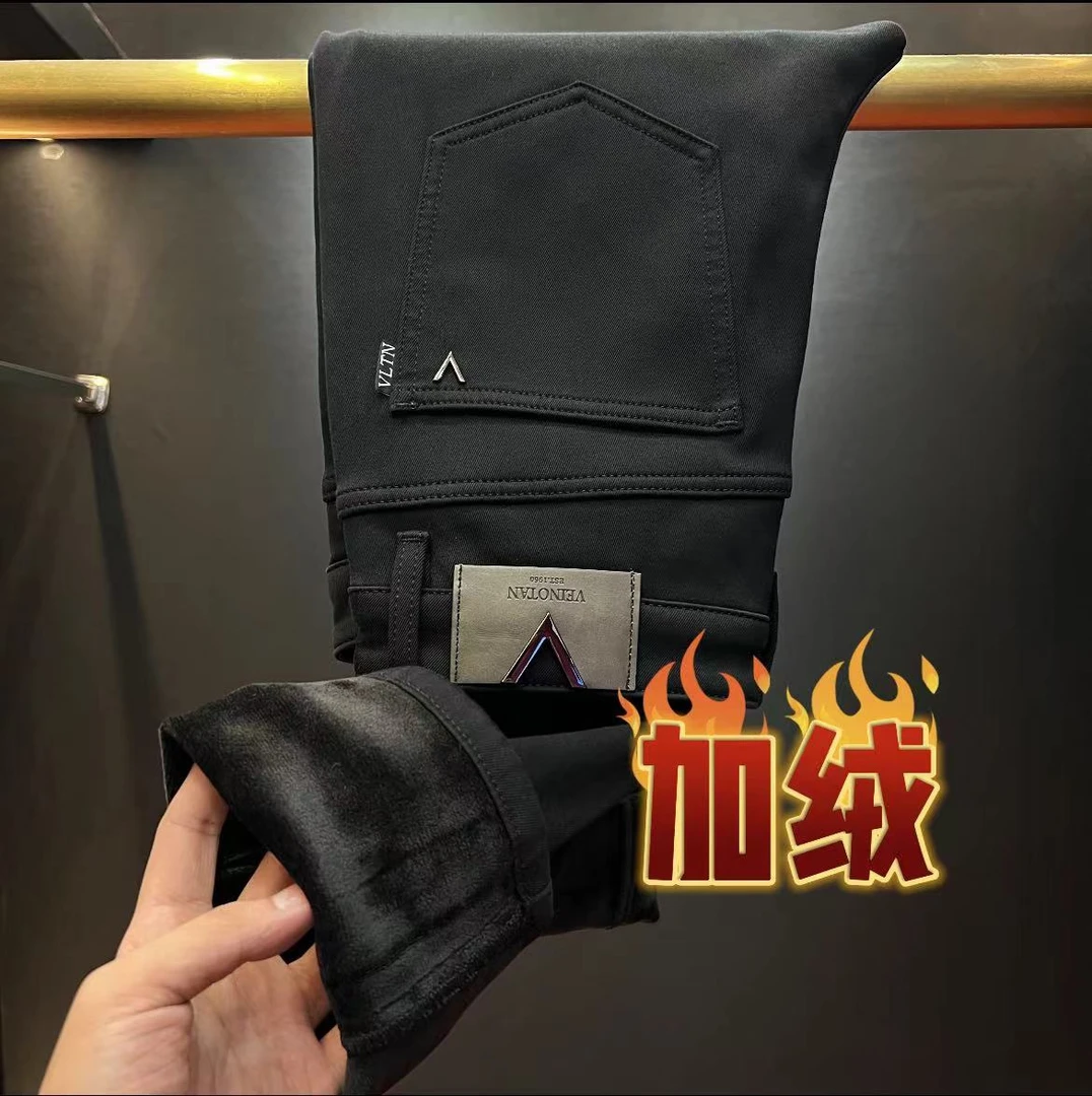 《WEIKE》153冬季磨毛黑色锁色男士修身小直筒百搭休闲牛仔裤