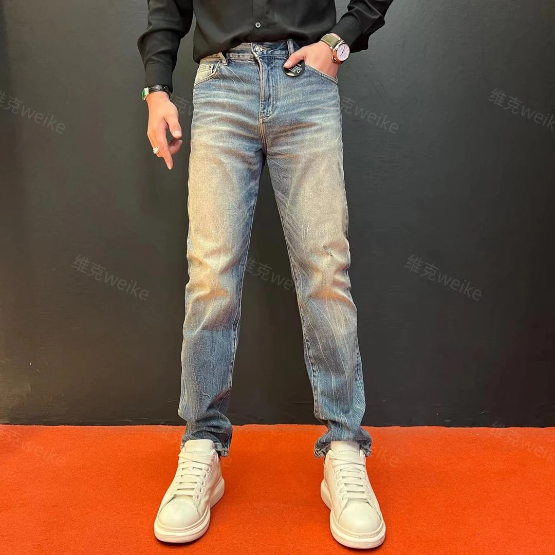 《WEIKE》505四季款天空蓝轻奢男士洗水修身小直筒百搭牛仔裤