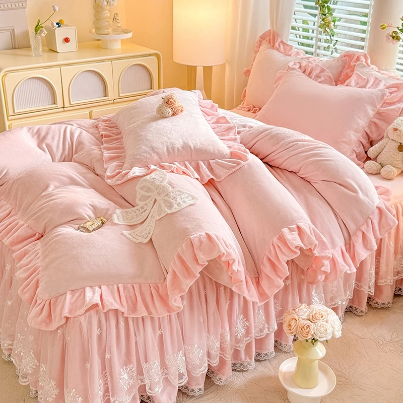 秋冬新款全消光牛奶绒床裙款四件套纯色蕾丝花边刺绣