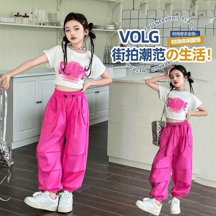 女童洋气休闲运动套装2024夏季新款韩版中大童宽松工装裤两件套潮