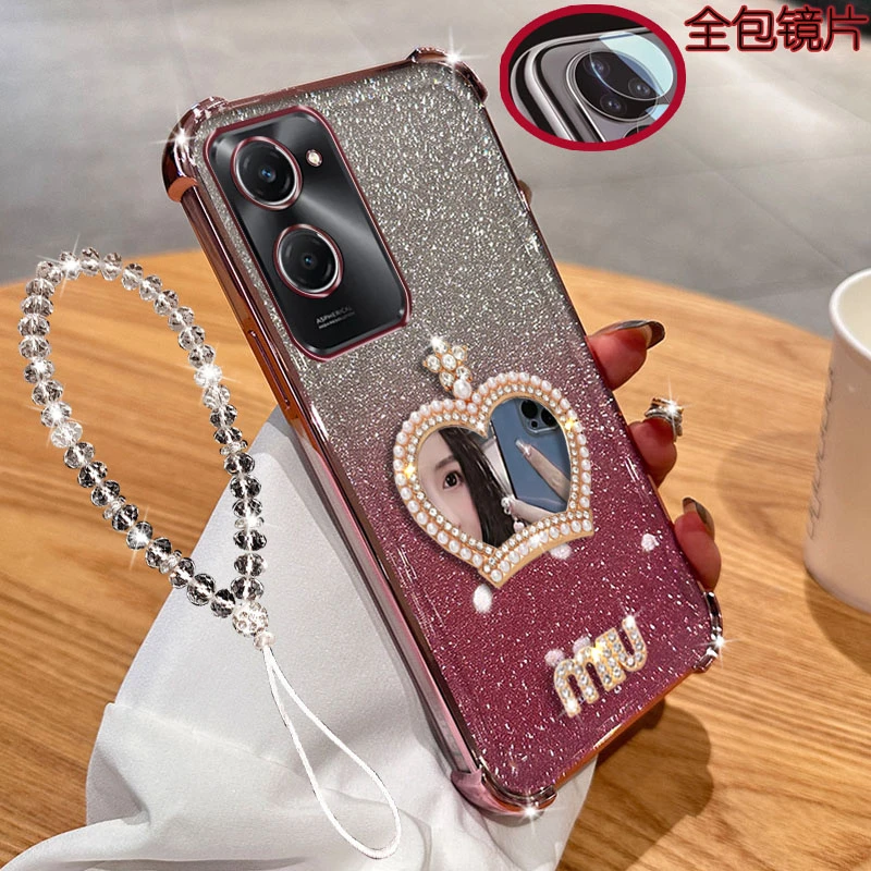 适用vivo y37手机壳镶钻皇冠化妆镜子气囊防摔保护套镜头全包时尚
