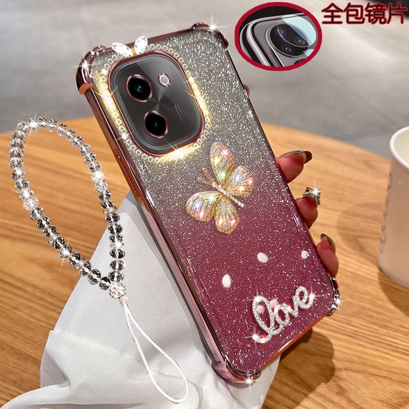 适用vivo y100手机壳V2313A镜头全包镶钻透明闪粉气囊防摔保护套