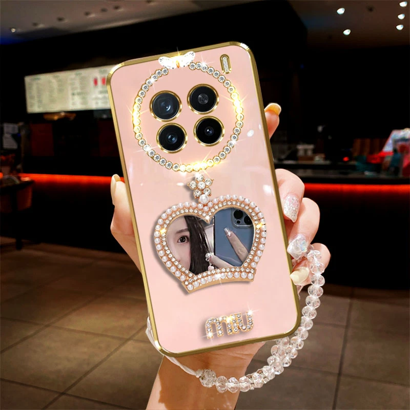 适用vivo x200pro手机壳镶钻皇冠化妆镜子链子防摔保护套时尚女款