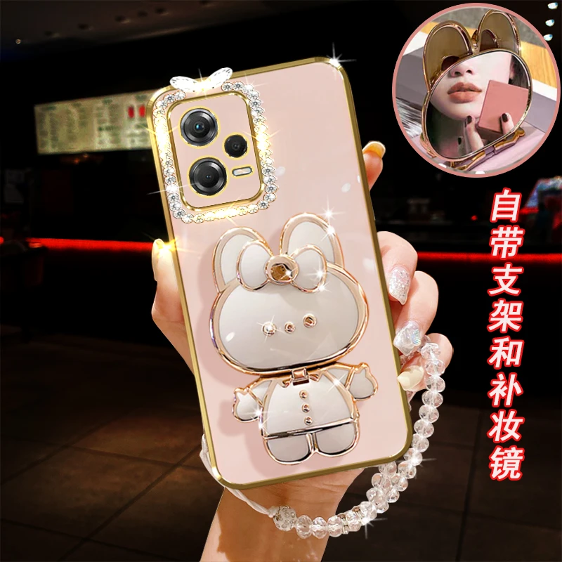 红米note12pro手机壳5G镶钻镜子兔子支架防摔保护套女款镜头全包