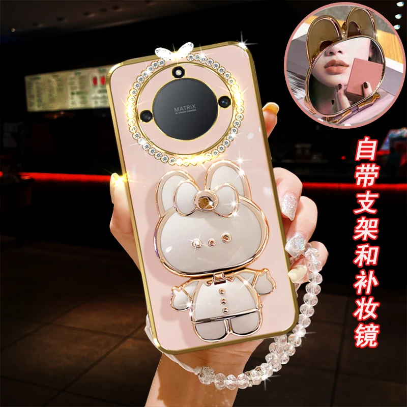 荣耀x50GT手机壳5G镶钻ALP-AN00镜子兔子支架防摔保护套女款软胶