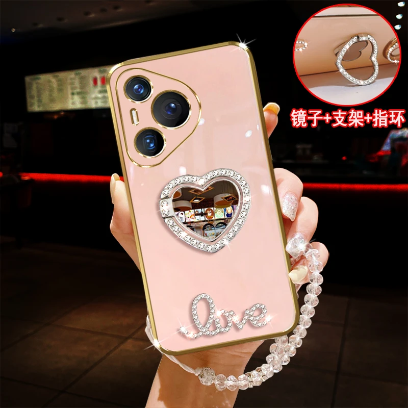 华为Pura70手机壳镶钻爱心LOVE字母指环支架镜子防摔保护套女款软