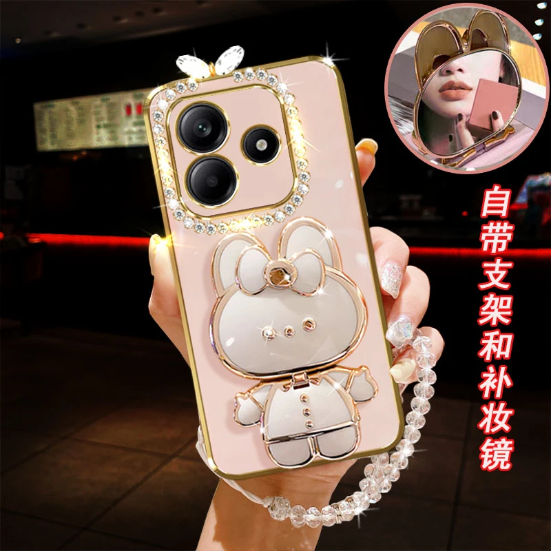 适用红米note14手机壳5G镶钻镜子兔子支架防摔套镜头全包软胶女款
