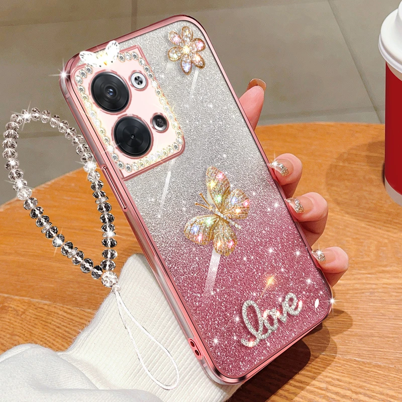 OPPO Reno9手机壳PHM110镶钻防摔保护套闪粉蝴蝶女款时尚透明软胶