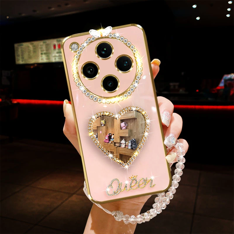 适用OPPO Findx8手机壳镶钻PKB110爱心镜子全包边防摔保护套女款