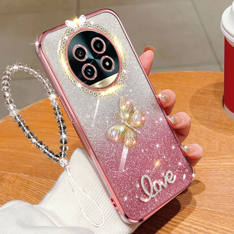适用真我13pro+手机壳5G镶钻防摔保护套透明闪粉蝴蝶女款奢华时尚
