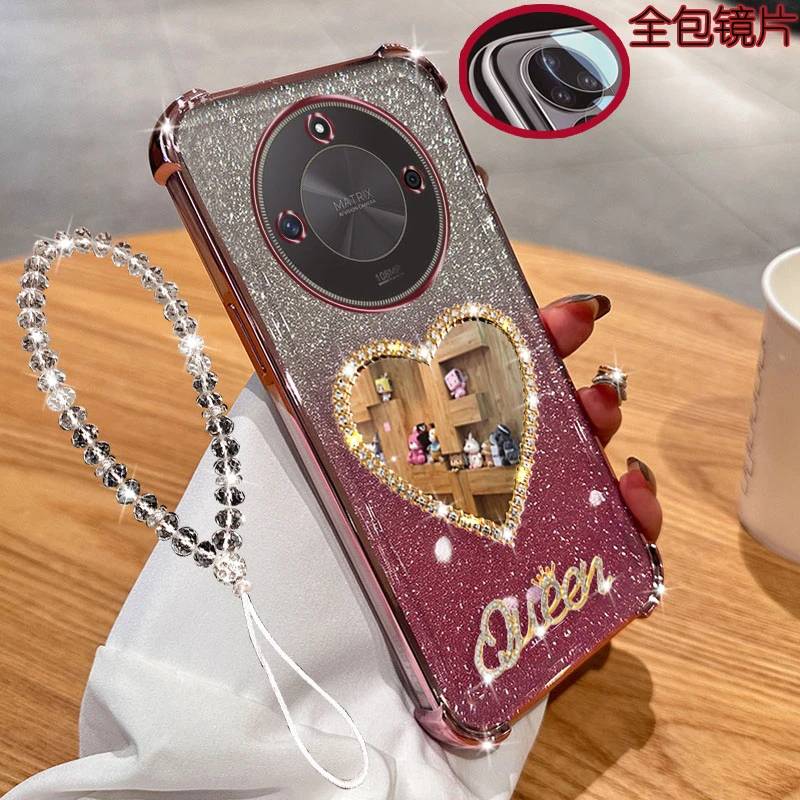 适用荣耀x60手机壳BRC-AN00镜头全包镶钻镜子气囊透明防摔套女款