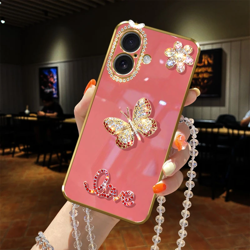 适用苹果iphone16plus手机壳镶钻防摔保护套网红蝴蝶女款时尚软胶
