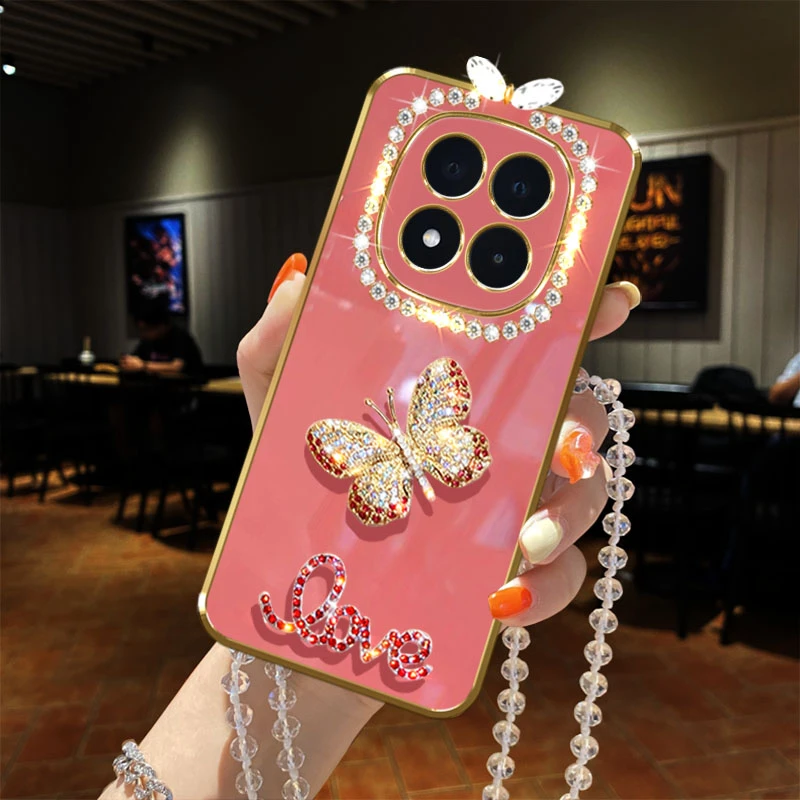 适用红米note14pro+手机壳5G镶钻电镀保护套网红蝴蝶女款时尚软胶