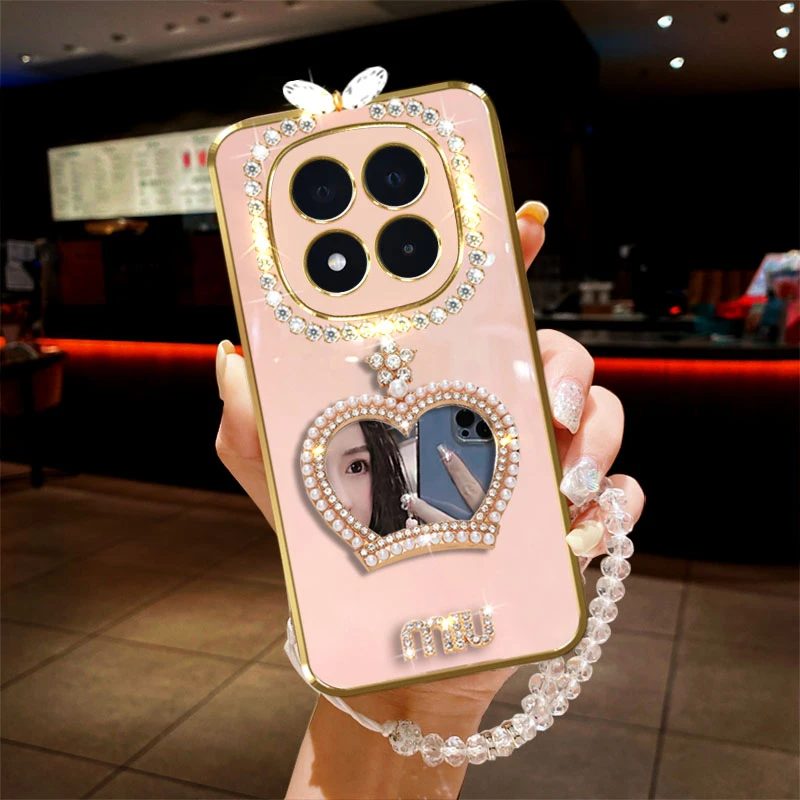 适用红米Note14pro+手机壳镶钻皇冠镜子手链子防摔保护套时尚女款
