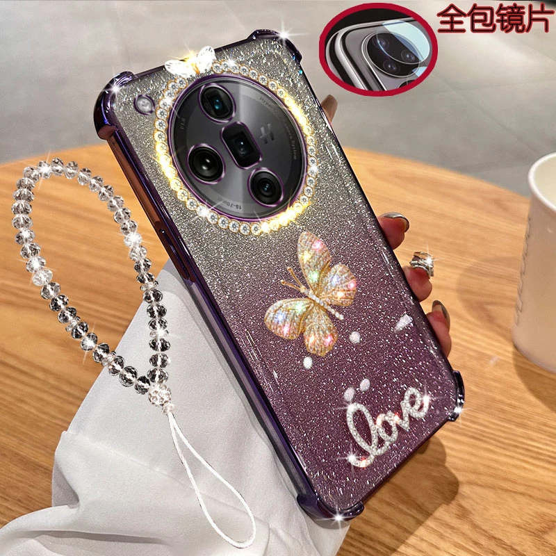 适用OPPO Findx7手机壳PHZ110镜头膜全包镶钻透明闪粉气囊防摔套